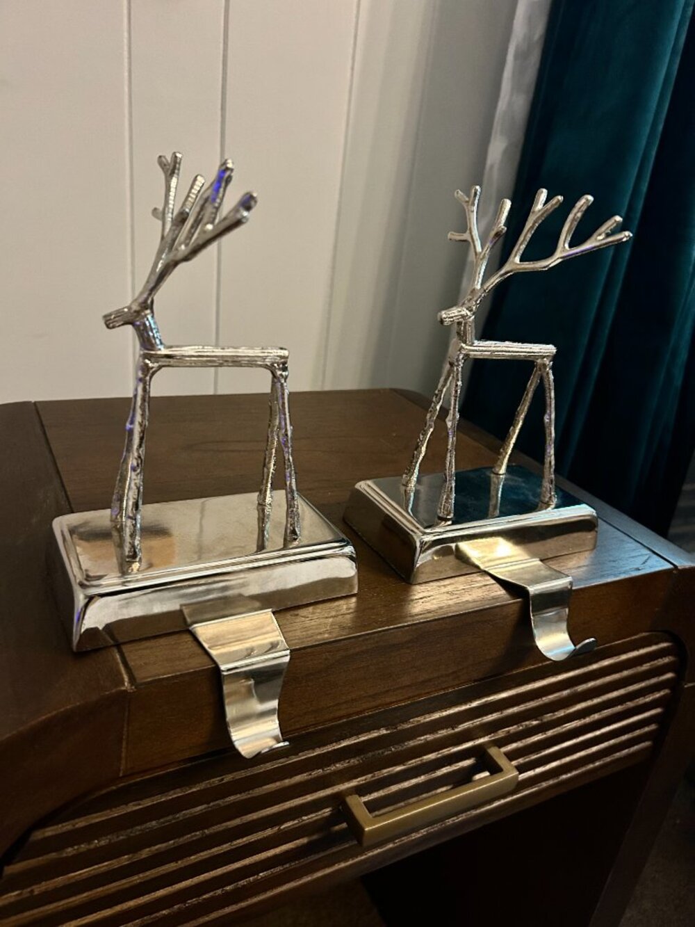 Pottery Barn - Silver Pair of 2 Twig Reindeer Stocking Holders - Weighted